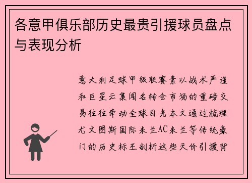 各意甲俱乐部历史最贵引援球员盘点与表现分析